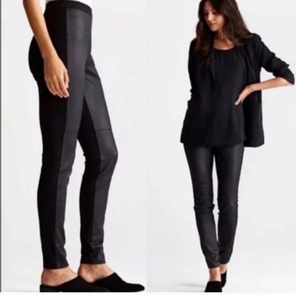 Eileen Fisher Leather Front Pants Women's L Black Ponte Stretch Classic‎ Slim